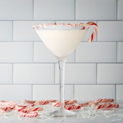 White chocolate peppermint martini with candy canes