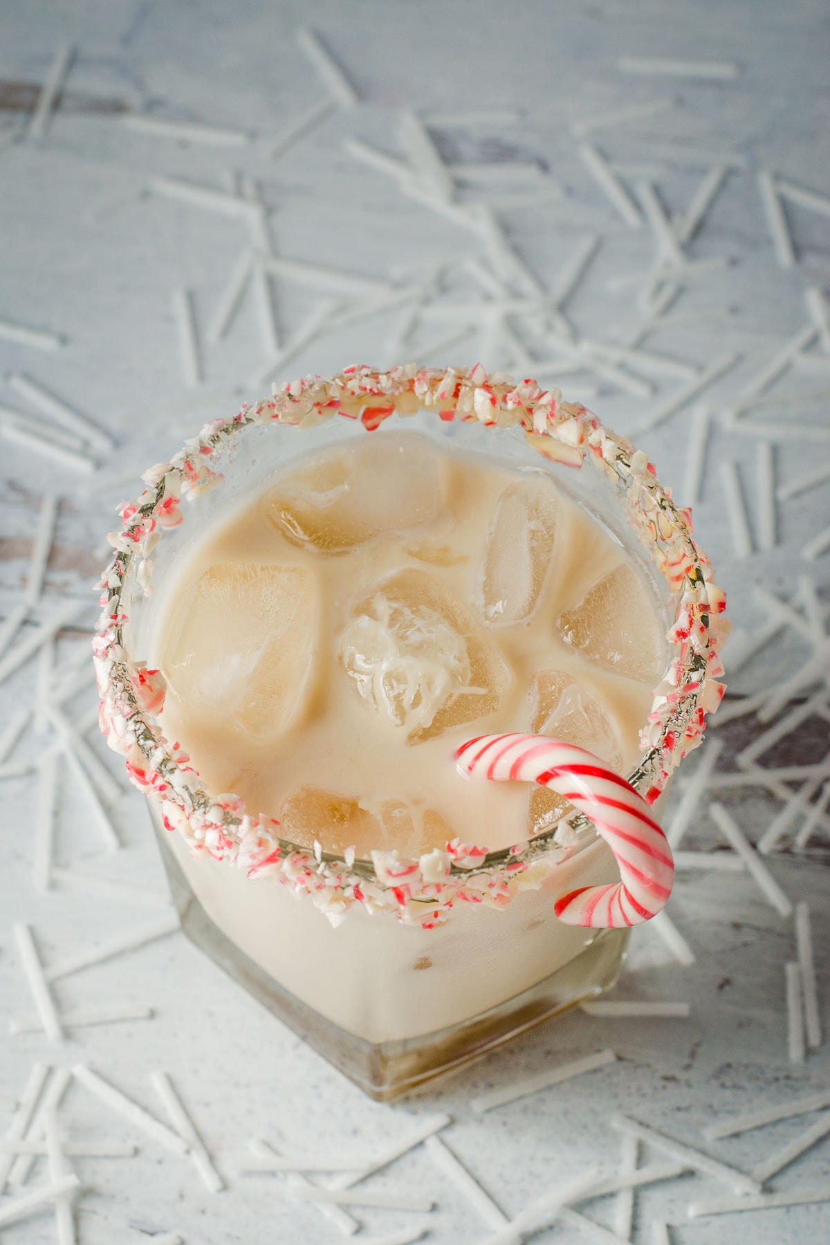 Peppermint White Russian with candy cane.