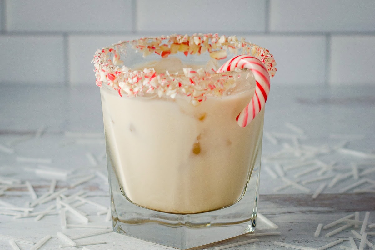 Peppermint White Russian with candy cane.