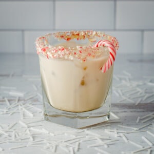 Peppermint White Russian with candy cane.