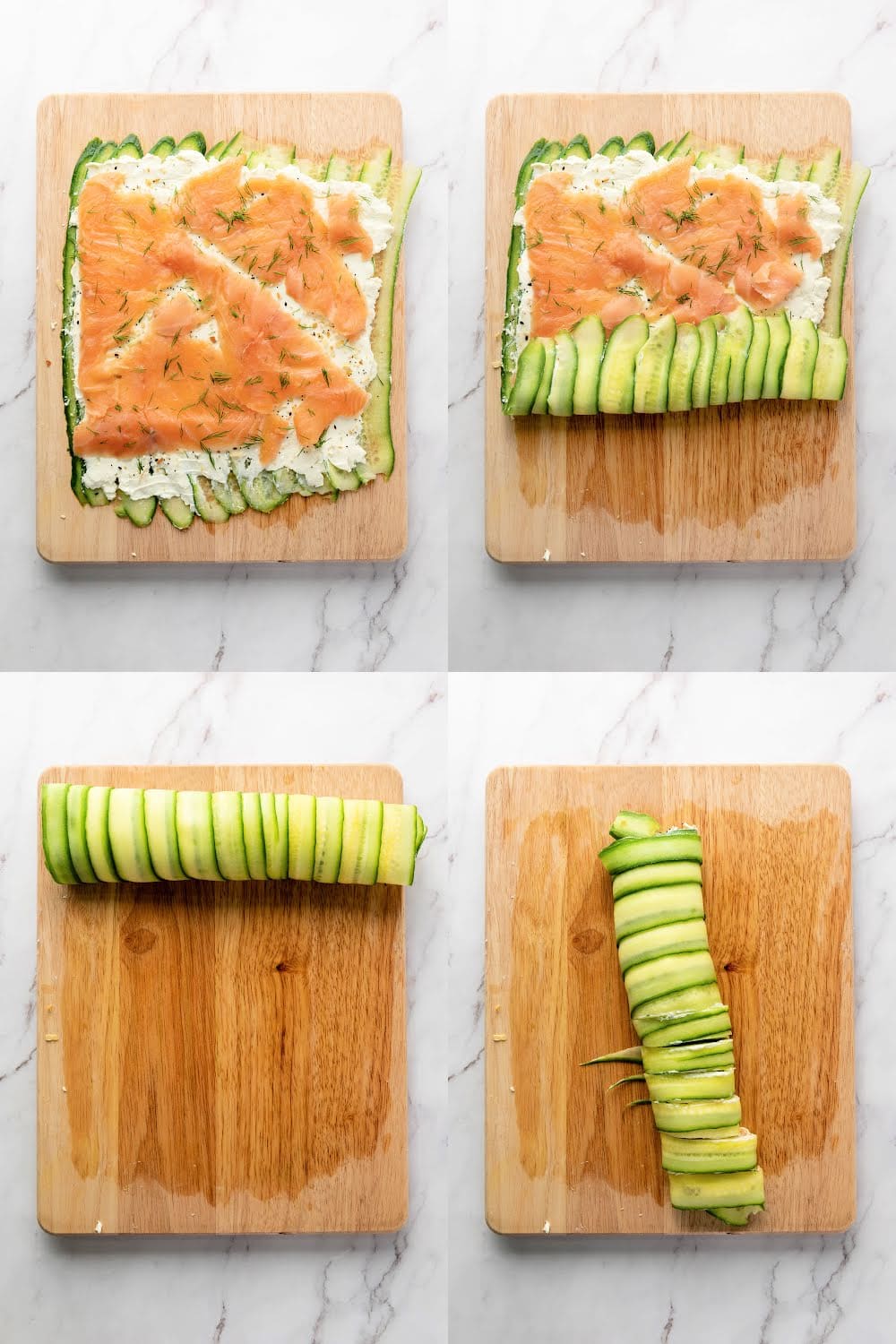 Step-by-step photos rolling cucumber and filling.