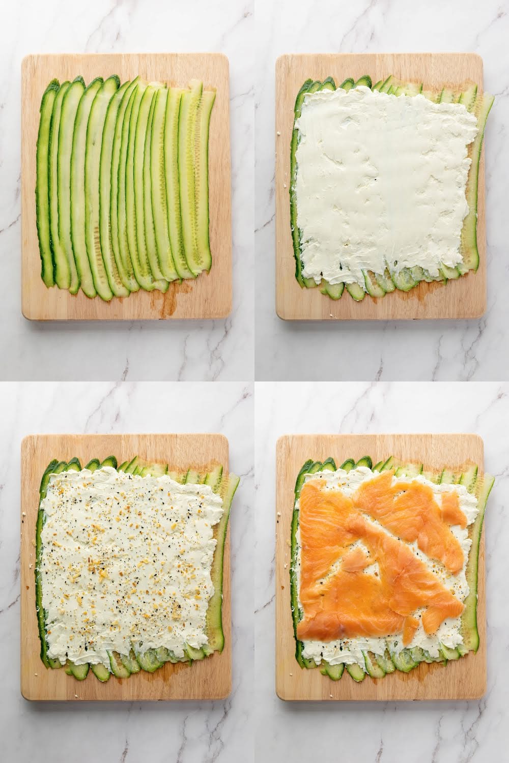 Step-by-step photos layering cucumber, cream cheese and salmon.