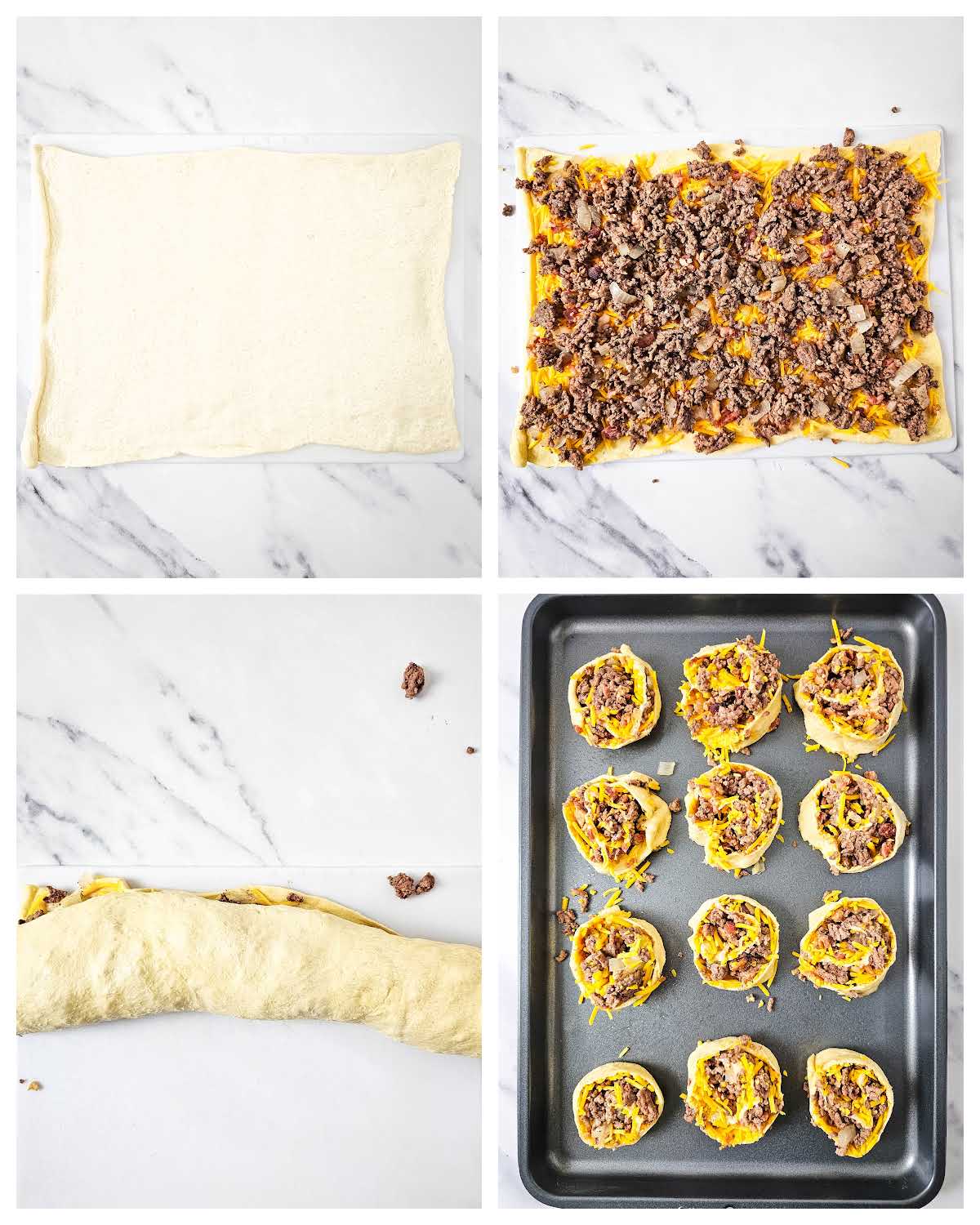 Collage of crescent roll pinwheels filling, rolled and on baking sheet.