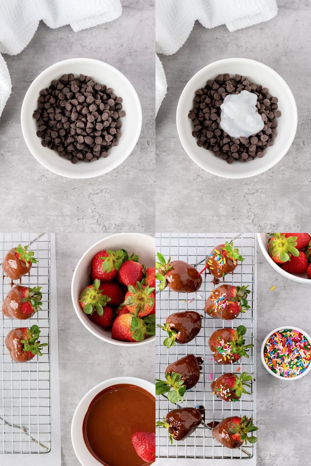 Collage of making chocolate covered strawberries step-by-step.