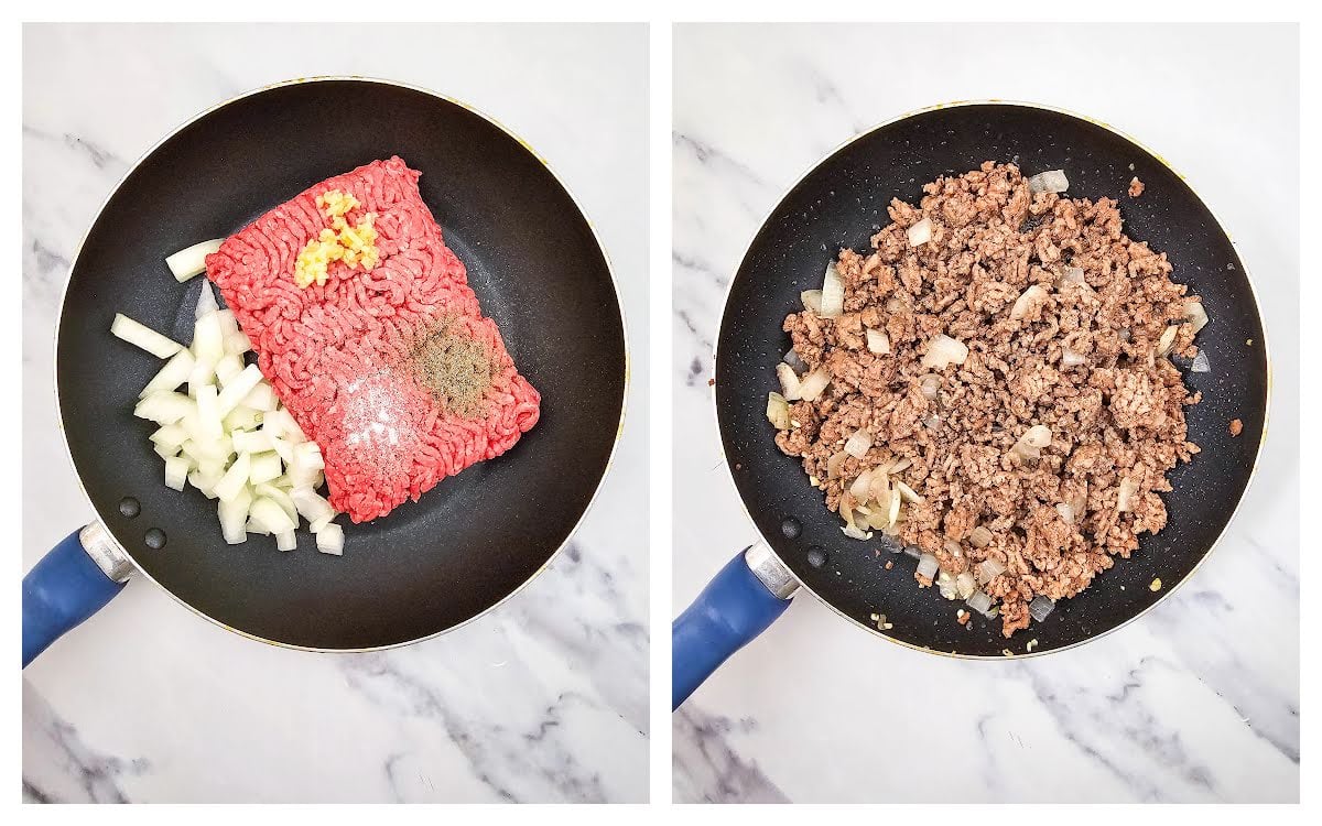 Collage of ground beef in skillet uncooked and cooked.