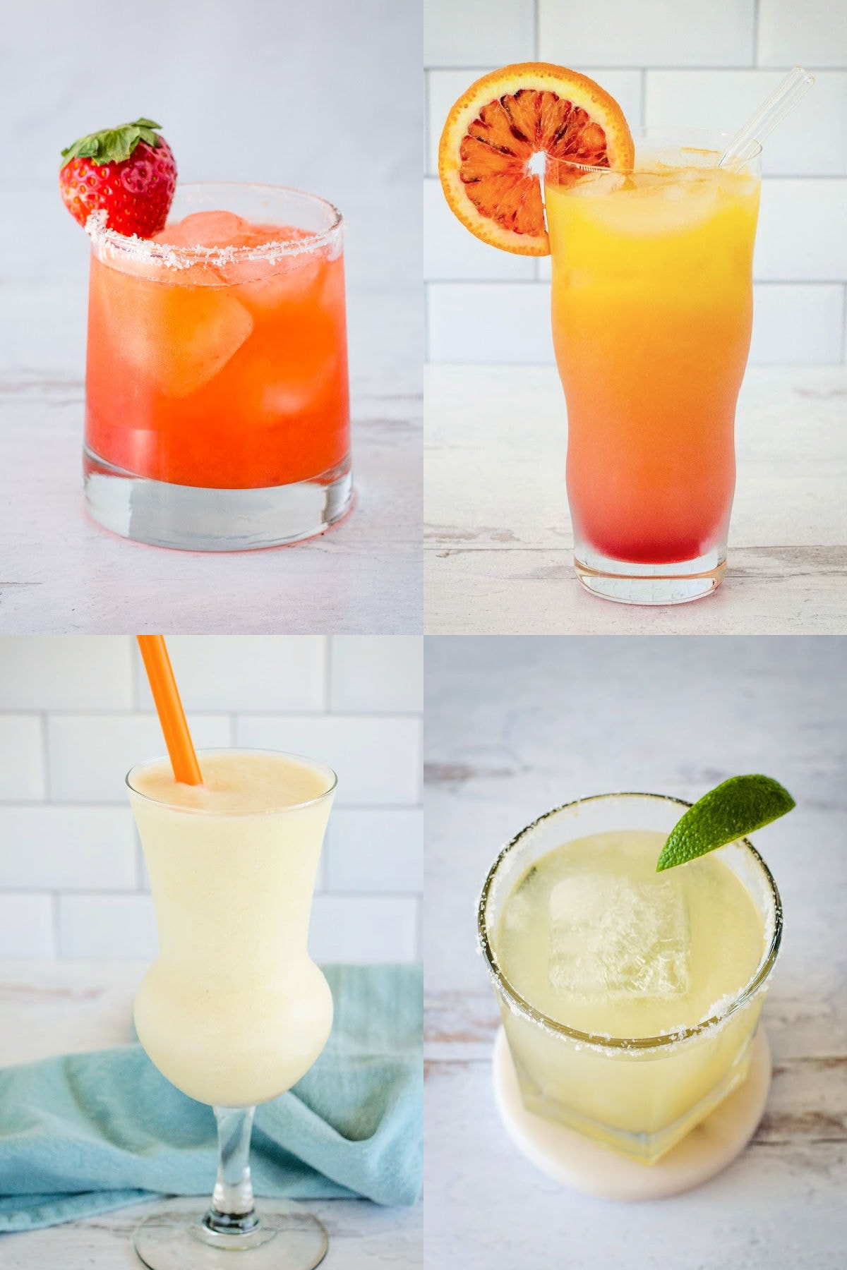 Summer cocktail collage with strawberry margarita, vodka sunrise, pina colada and classic margarita.