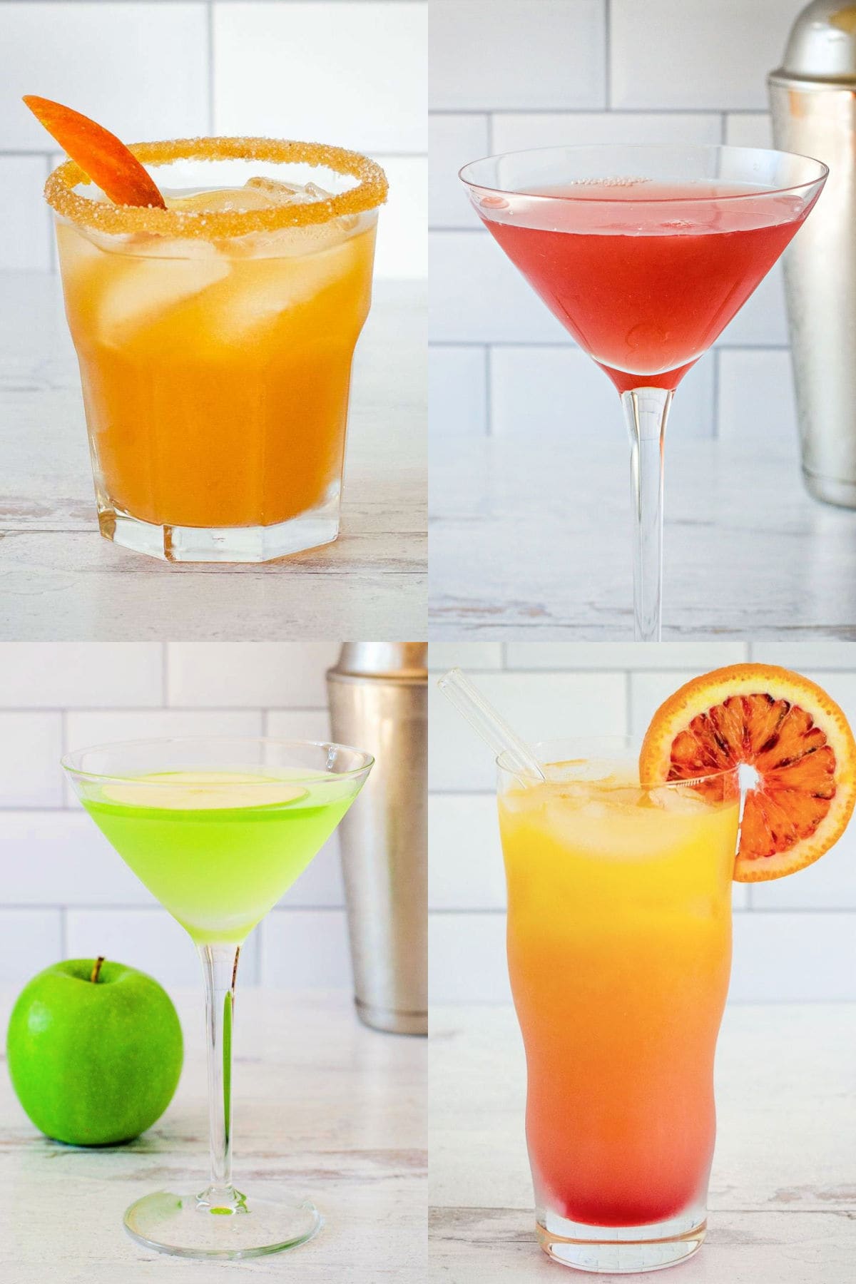 Vodka drinks collage with caramel apple cider, cosmopolitan, appletini, and vodka sunrise.