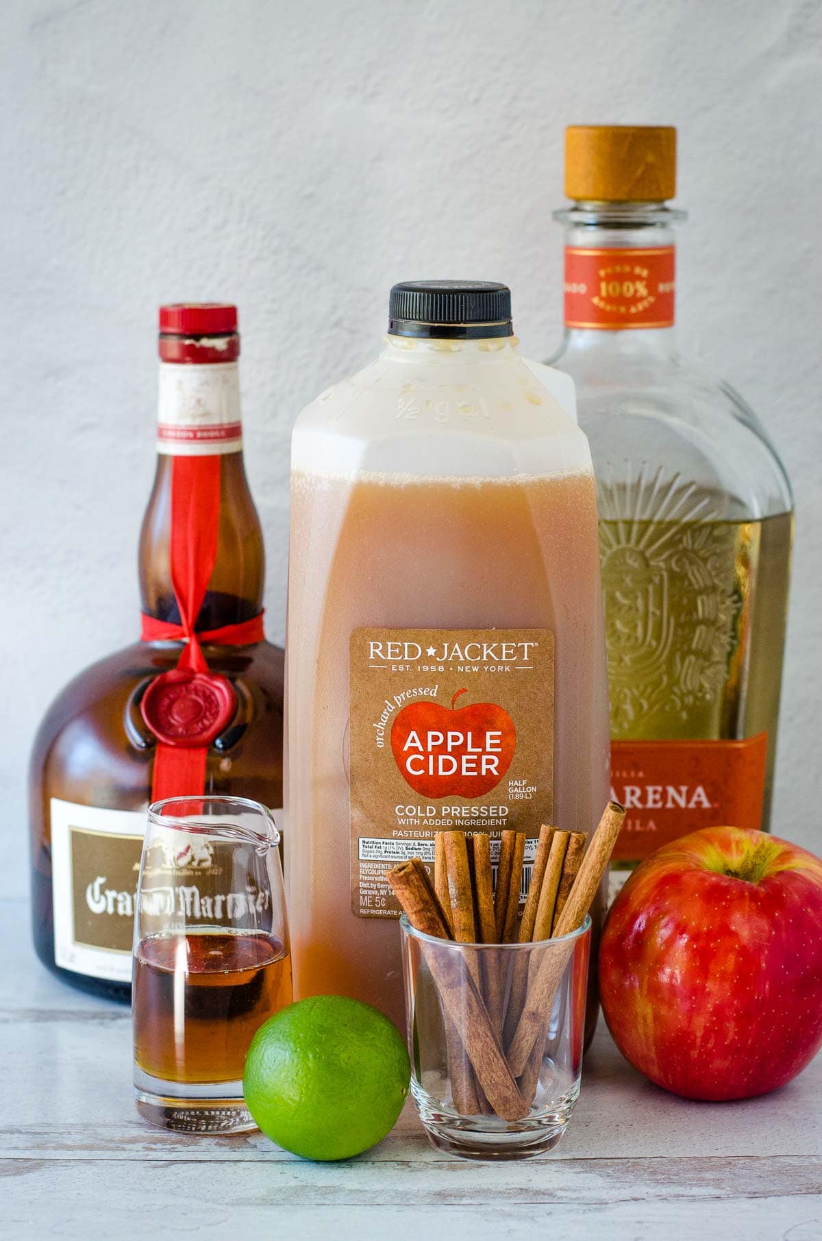 Apple cider, tequila, apple, cinnamon sticks, lime, maple syrup and orange liqueur.