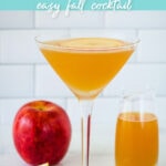 Apple cider martini with apple, lemon wedge and apple cider in small pitcher.