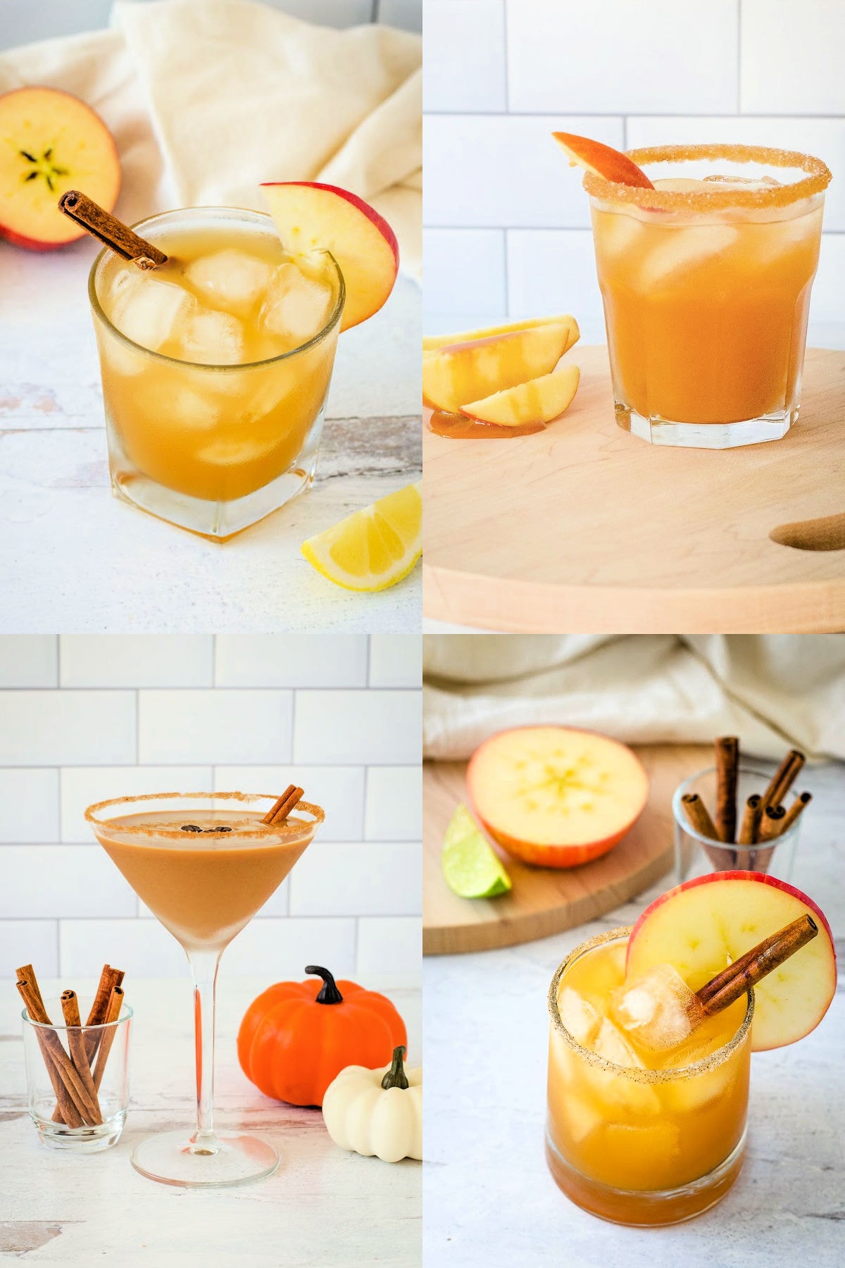 Bourbon apple cider, caramel vodka apple cider, pumpkin spice espresso martini, and apple margarita fall cocktails.