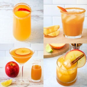 Apple cider mimosa, caramel vodka apple cider, apple cider martini, and apple margarita fall cocktails.