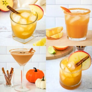 Bourbon apple cider, caramel vodka apple cider, pumpkin spice espresso martini, and apple margarita fall cocktails.
