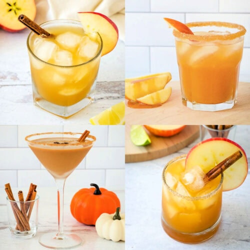 Bourbon apple cider, caramel vodka apple cider, pumpkin spice espresso martini, and apple margarita fall cocktails.