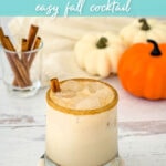 Pumpkin spice white Russian cocktail with cinnamon sticks and mini pumpkins in the background with text.