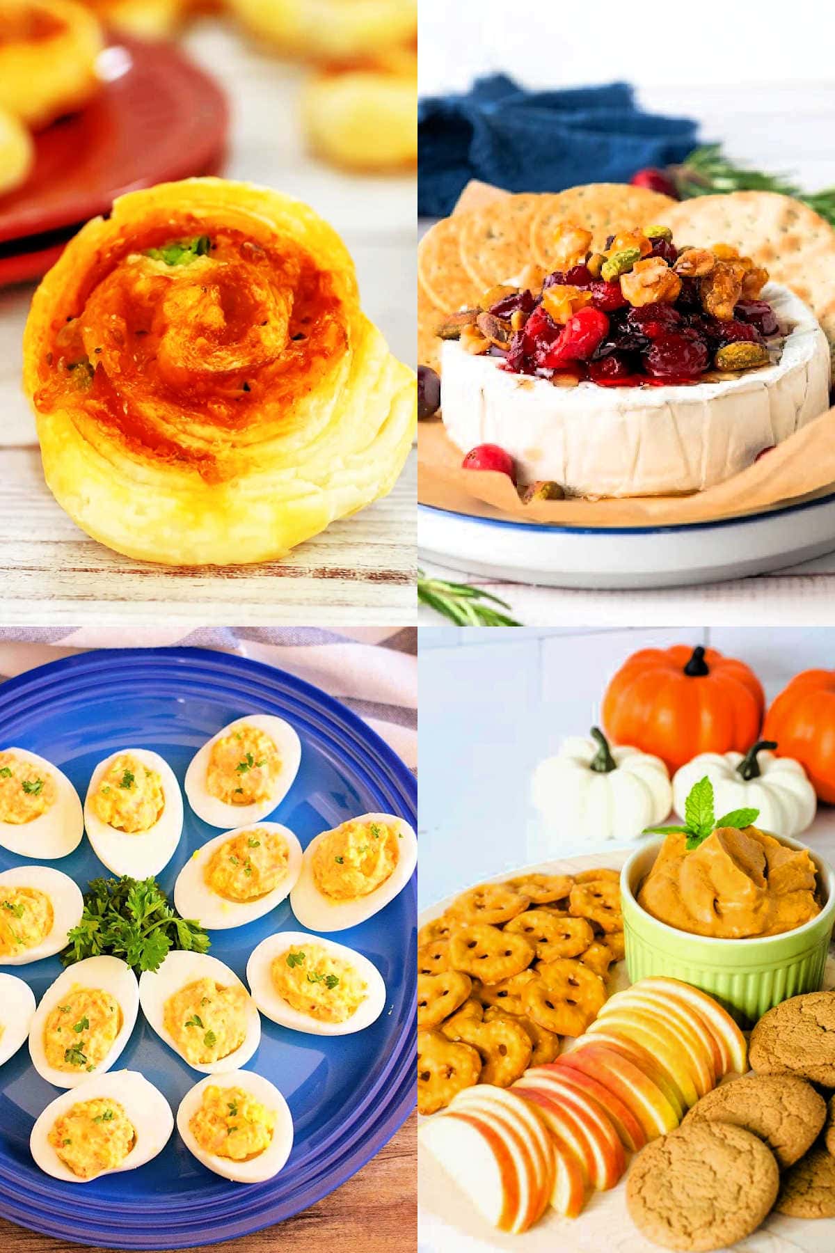 Thanksgiving appetizers pinwheels, cranberry brie, shrimp deviled eggs, and pumpkin dip.