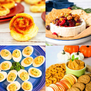 Thanksgiving appetizers pinwheels, cranberry brie, shrimp deviled eggs, and pumpkin dip.