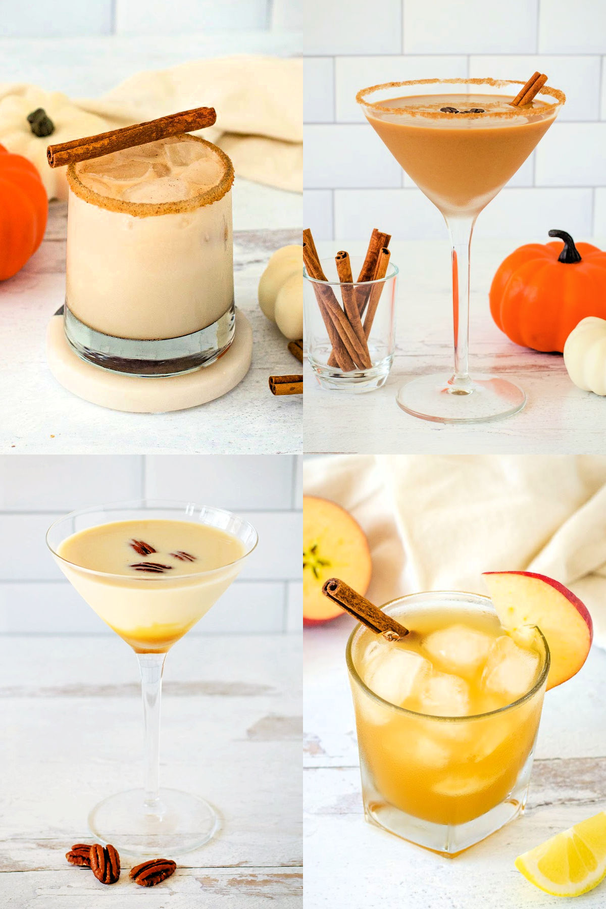 Thanksgiving cocktails pumpkin spice white Russian, pumpkin spice espresso martini, pecan pie martini and bourbon apple cider.