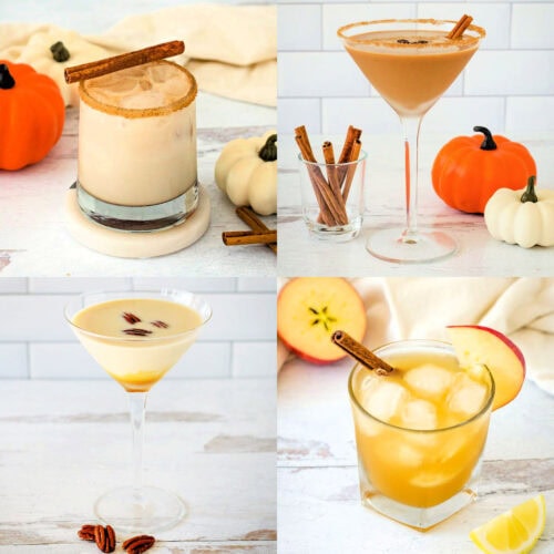 Thanksgiving cocktails pumpkin spice white Russian, pumpkin spice espresso martini, pecan pie martini and bourbon apple cider.