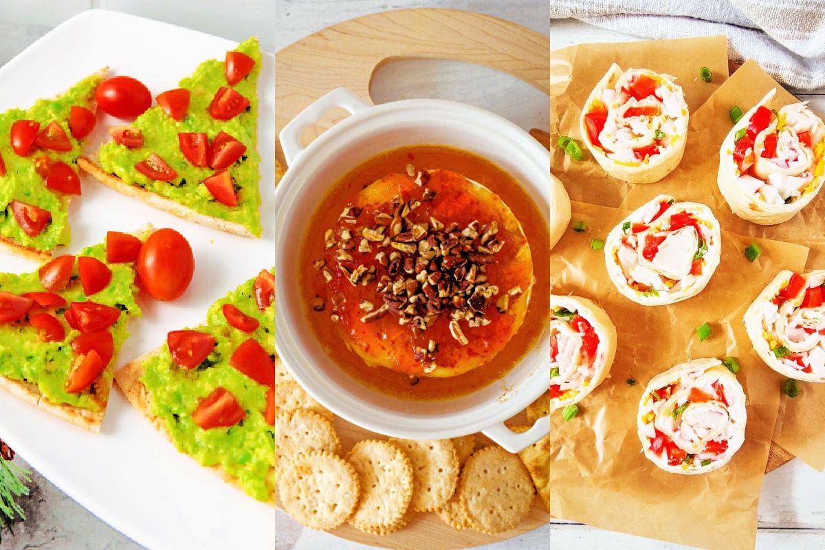 Christmas appetizers pita trees, baked brie with pepper jelly and nuts and seafood pinwheels.