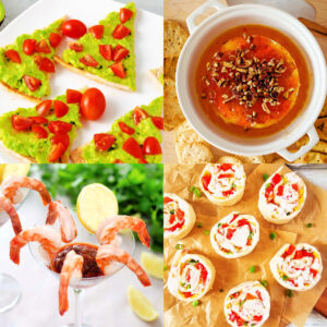 Christmas appetizers pita trees, baked brie with pepper jelly and nuts, shrimp cocktail and seafood pinwheels.