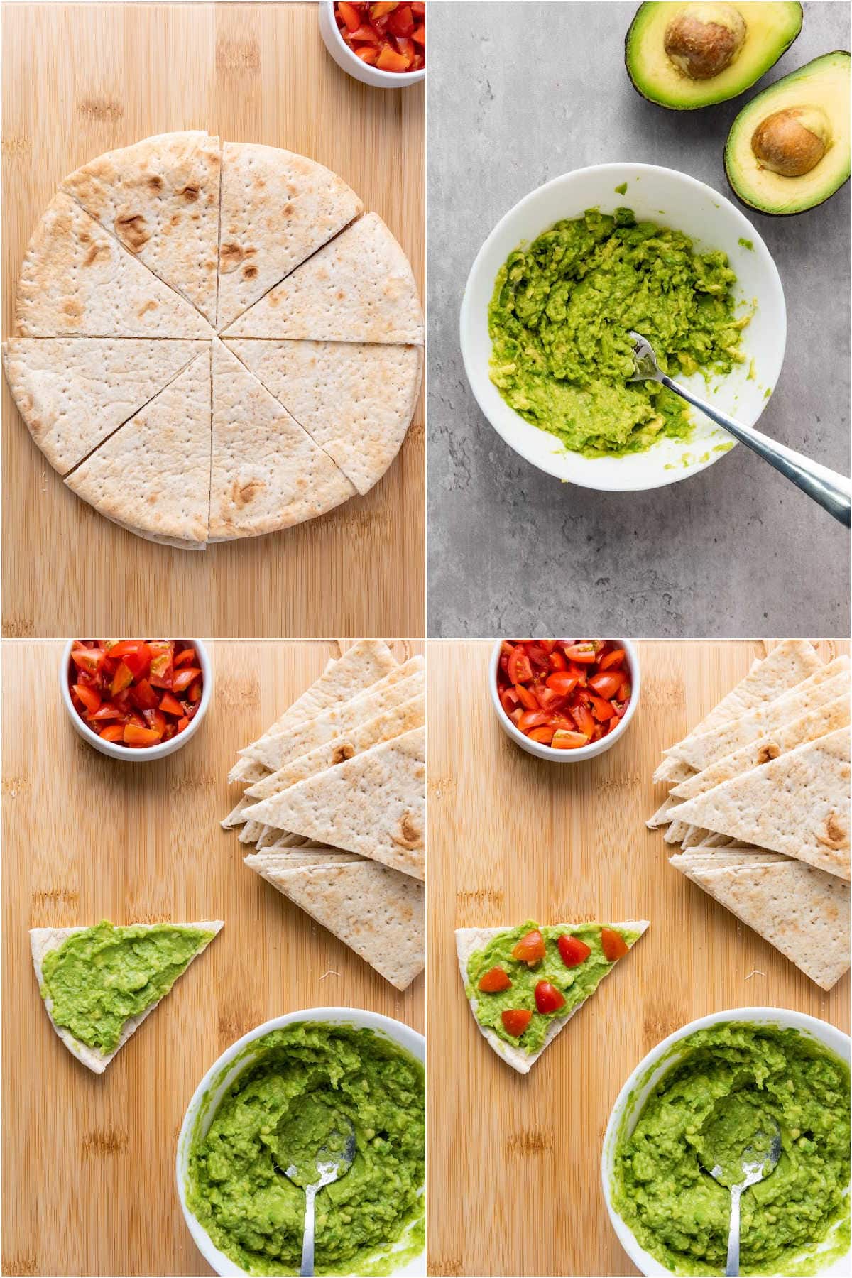 Collage with pita wedges, avocado spread in bowl, spread on pita and with tomato pieces on top.