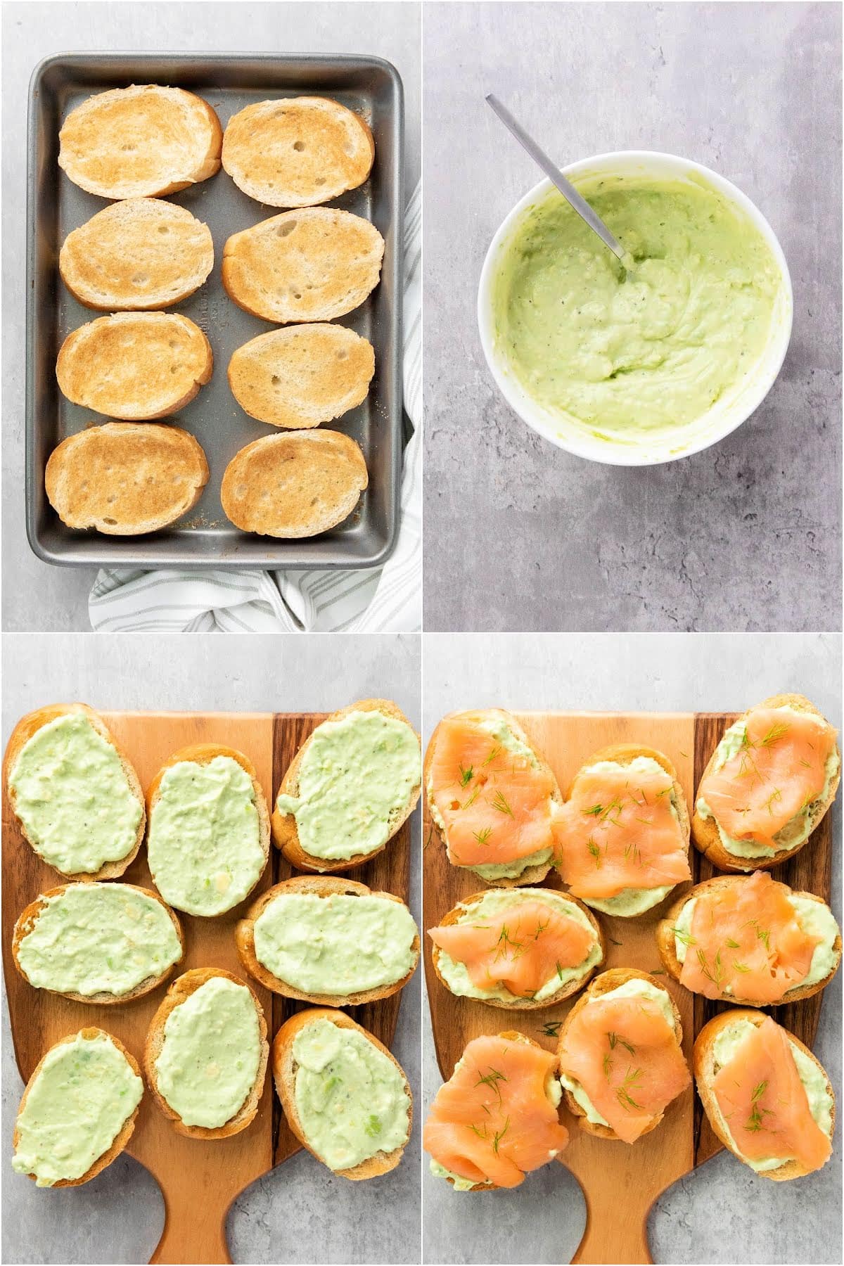 Collage of process making appetizers including little toasts on baking sheet, avocado spread in bowl, crostini with spread on board and finished canapes on board.