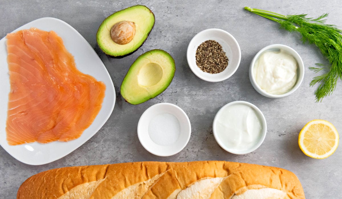 Smoked salmon, French baguette, avocado, sour cream, mayonnaise, lemon, fresh dill, salt and pepper.