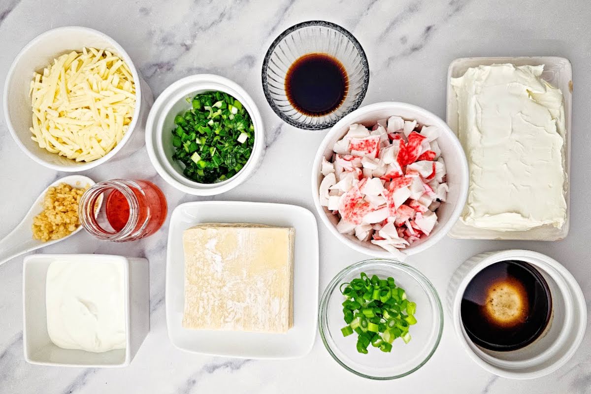 Cheese, green onions, imitation crab and seasonings for hot crab dip