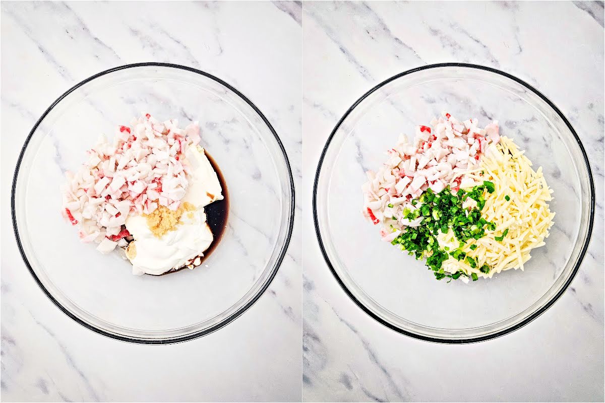 Cream cheese, imitation crab and other ingredients in glass bowls.