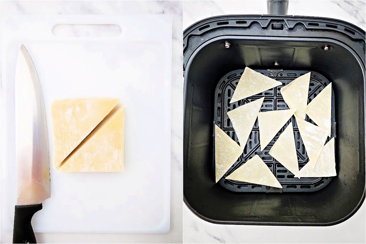 Wonton triangles on board and in air fryer basket.