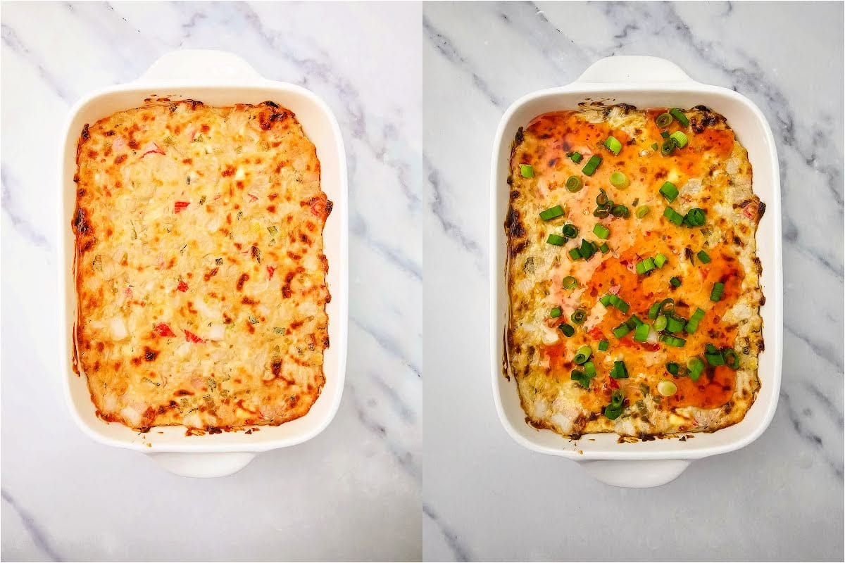 Baked crab dip plain and topped with sauce.
