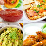 Game day food ideas with pizza rolls, crab rangoon dip, guacamole and chicken wings.