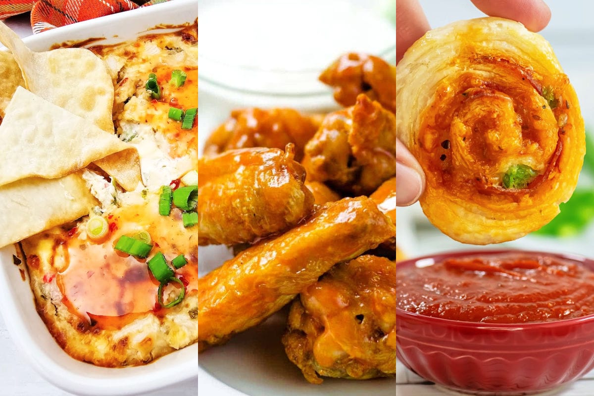 Game day food collage with pizza rolls, crab rangoon dip and Buffalo wings.
