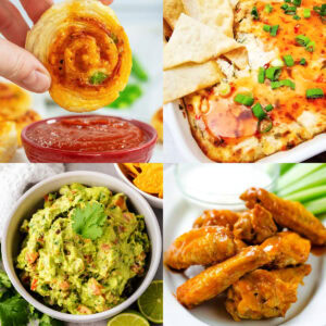 Game day food collage with pizza rolls, crab rangoon dip, guacamole and Buffalo wings.