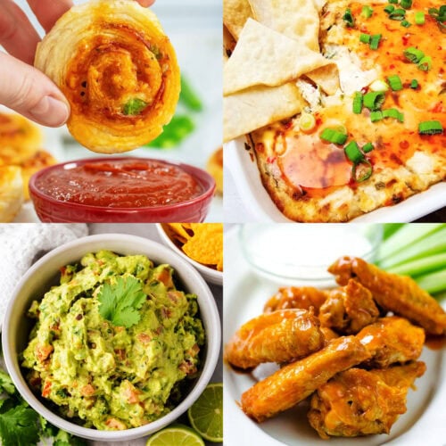 Game day food collage with pizza rolls, crab rangoon dip, guacamole and Buffalo wings.