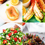 Valentine's Day dinner ideas with lobster, chocolate covered strawberries, salad and crostini.
