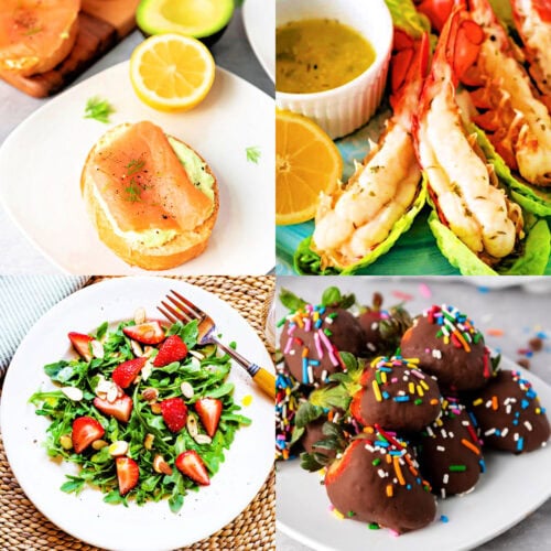 Valentine's Day dinner ideas with lobster, chocolate covered strawberries, salad and crostini.