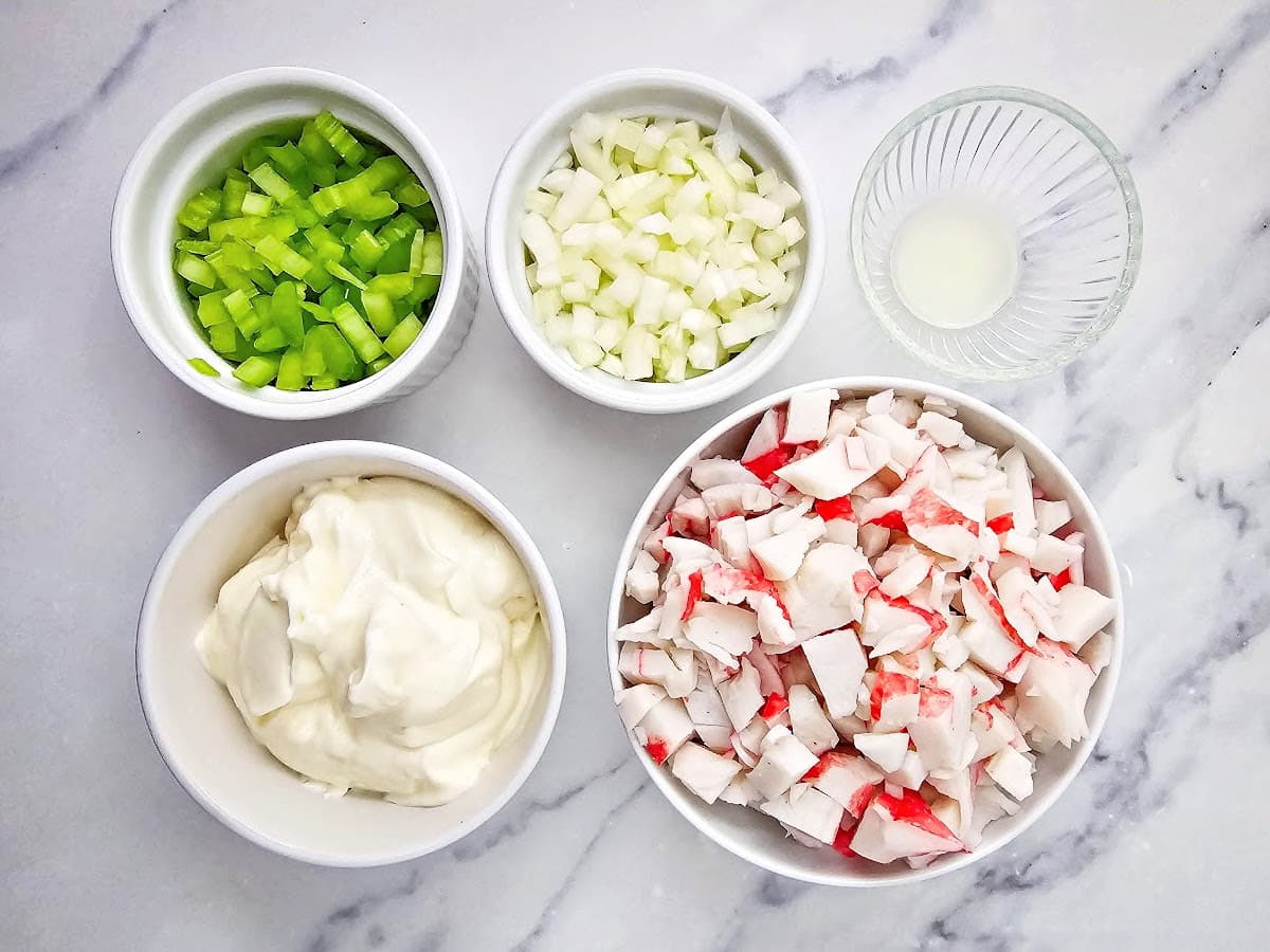 Imitation crab flakes, mayo, celery, onion and lemon juice.