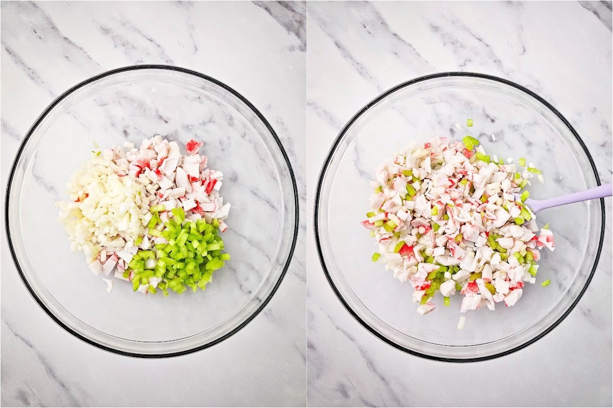Celery, onion and crab in bowl and mixed together.
