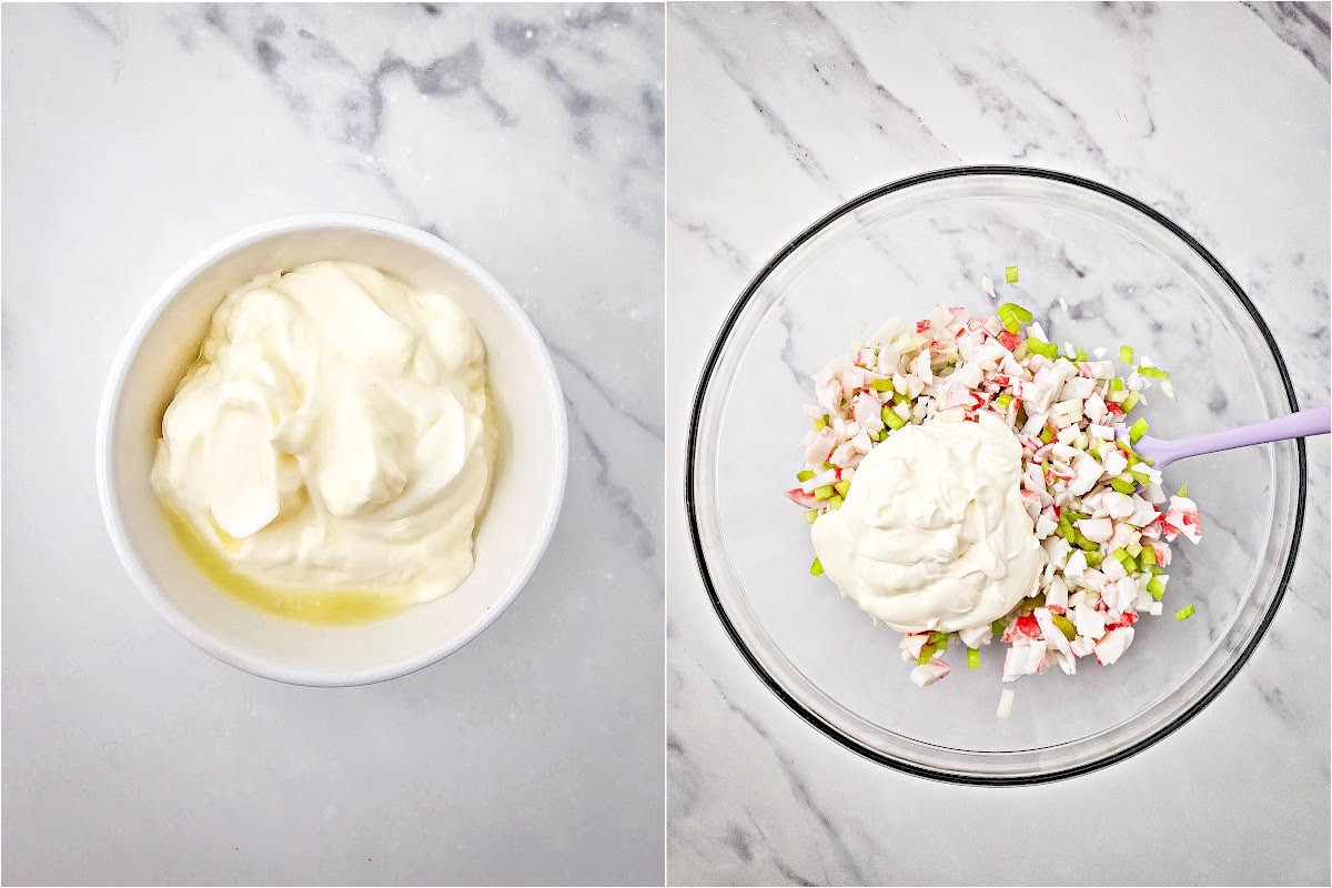 Mayonnaise and lemon juice in mall bowl and added to bowl of crab mixture.