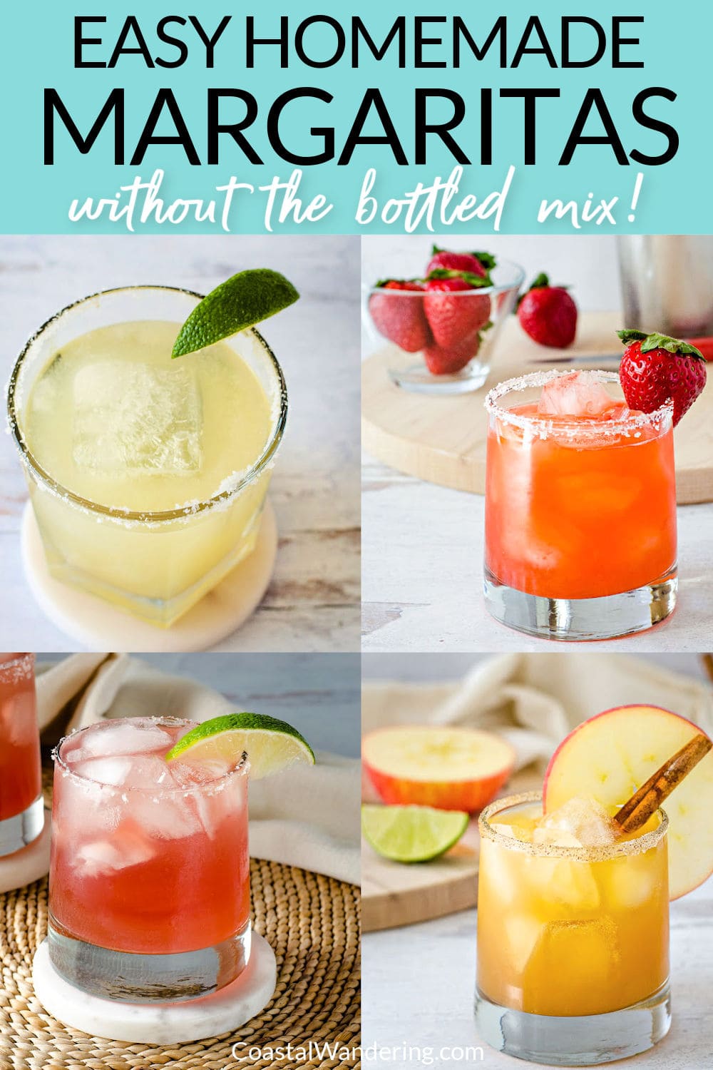 Easy homemade margaritas without the bottled mix with classic, strawberry, cranberry and apple cider margarita cocktails.