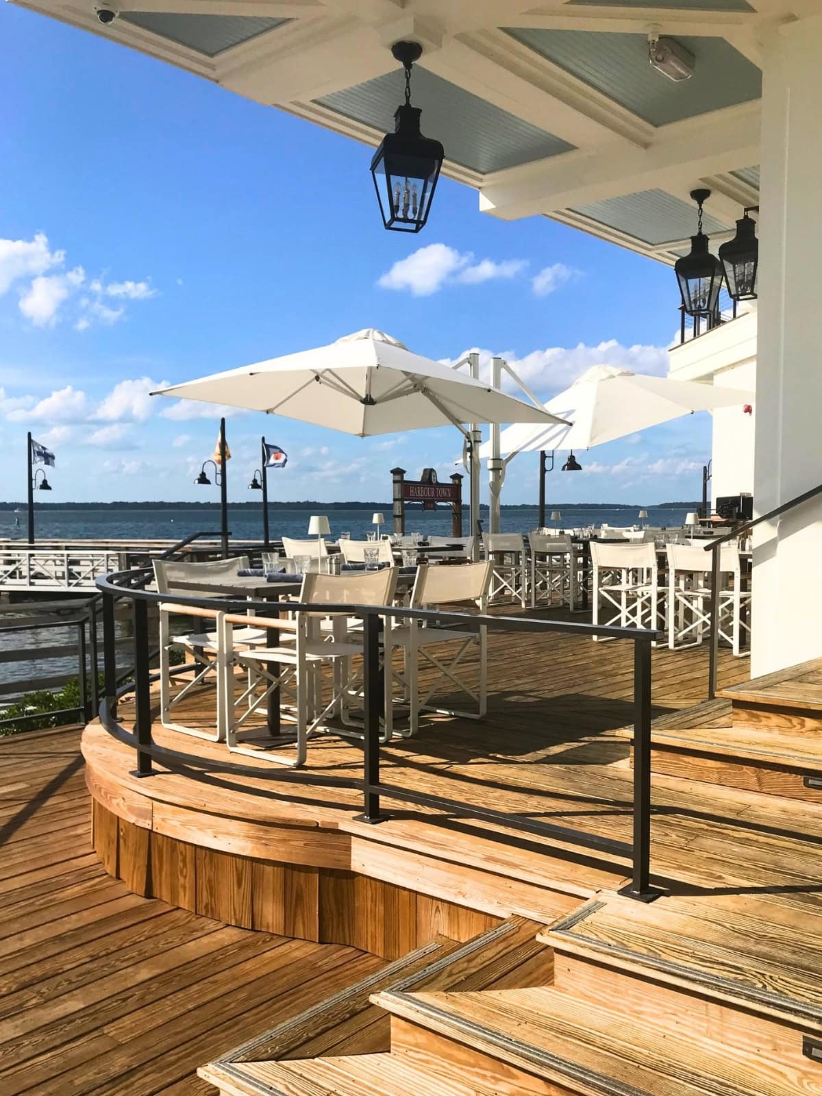 Quarterdeck restaurant deck overlooking Harbour Town Pier and Calibogue Sound.