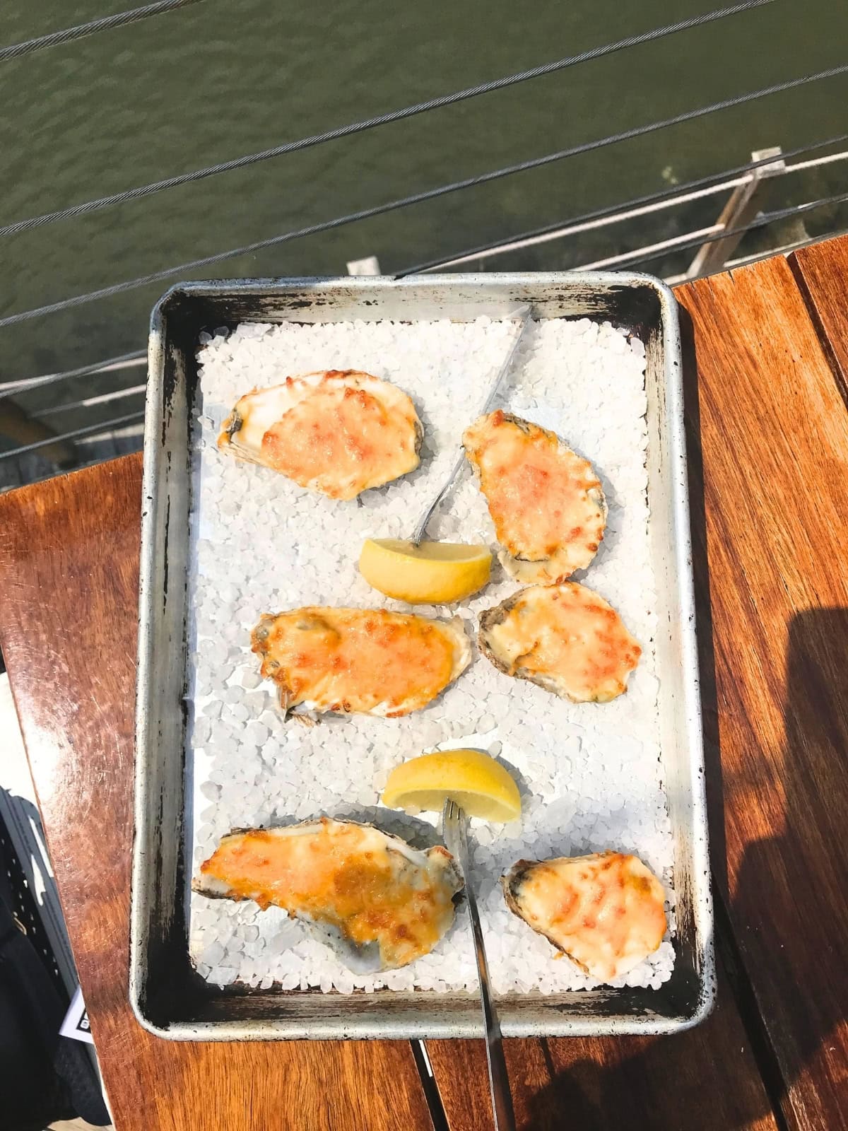 Appetizer on the deck at Old Oyster Factory.