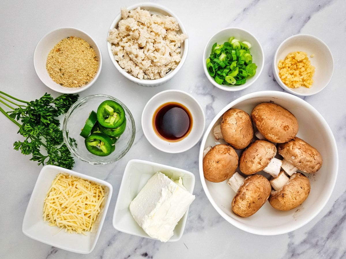 Crab meat, cream cheese, mushrooms, and other ingredients.