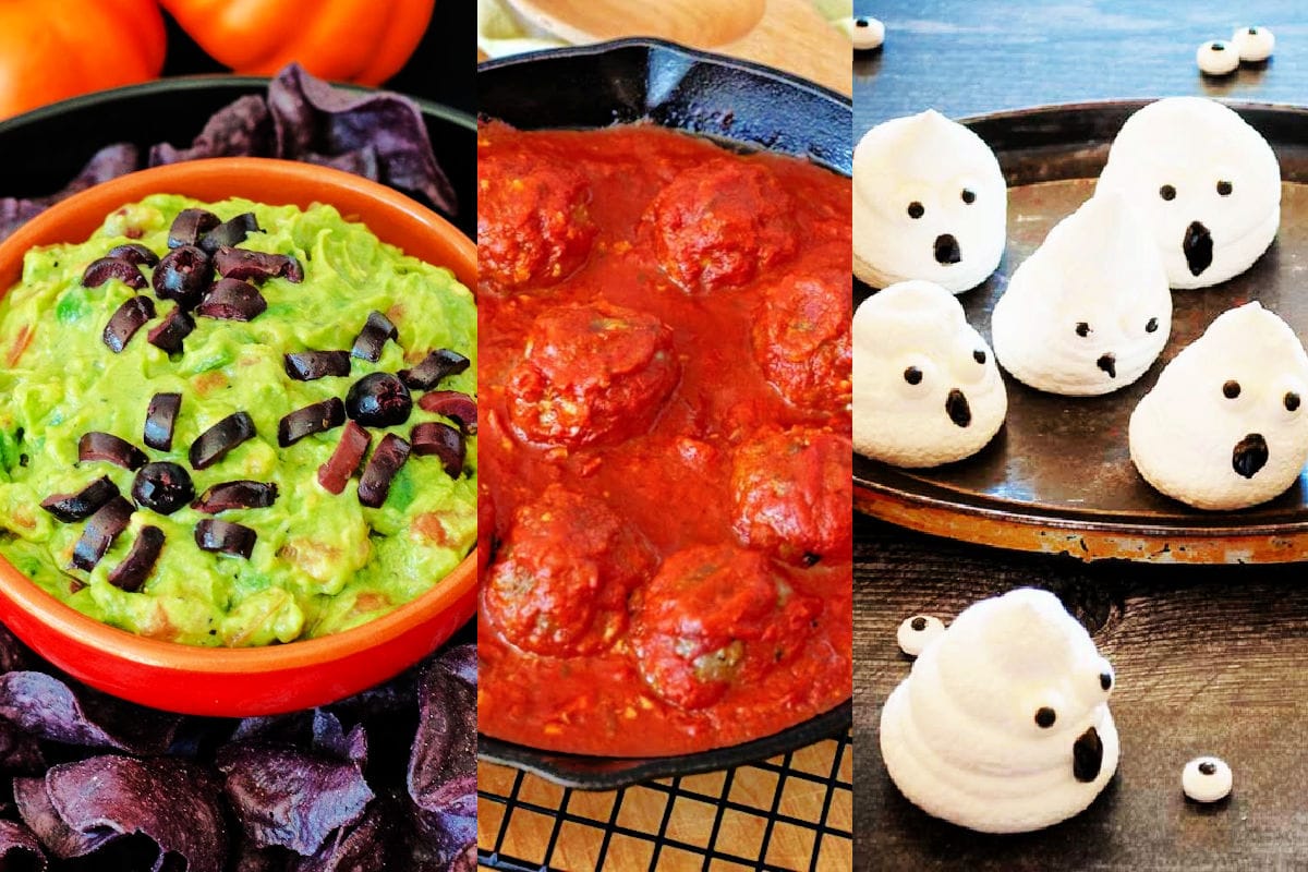Spider guacamole, meatballs in red sauce and ghost meringues representing Halloween appetizers and finger foods for a party.