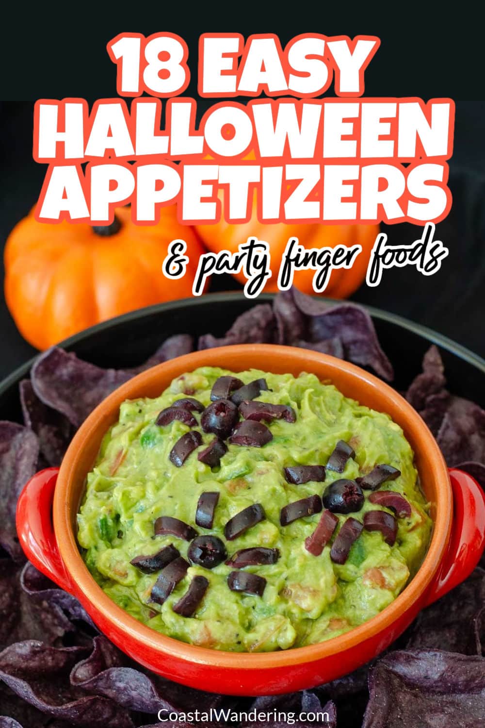 Spider guacamole in orange bowl on black background with pumpkins representing easy Halloween appetizers for a party.