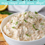 Smoked salmon dip with cream cheese and dill in a white bowl.