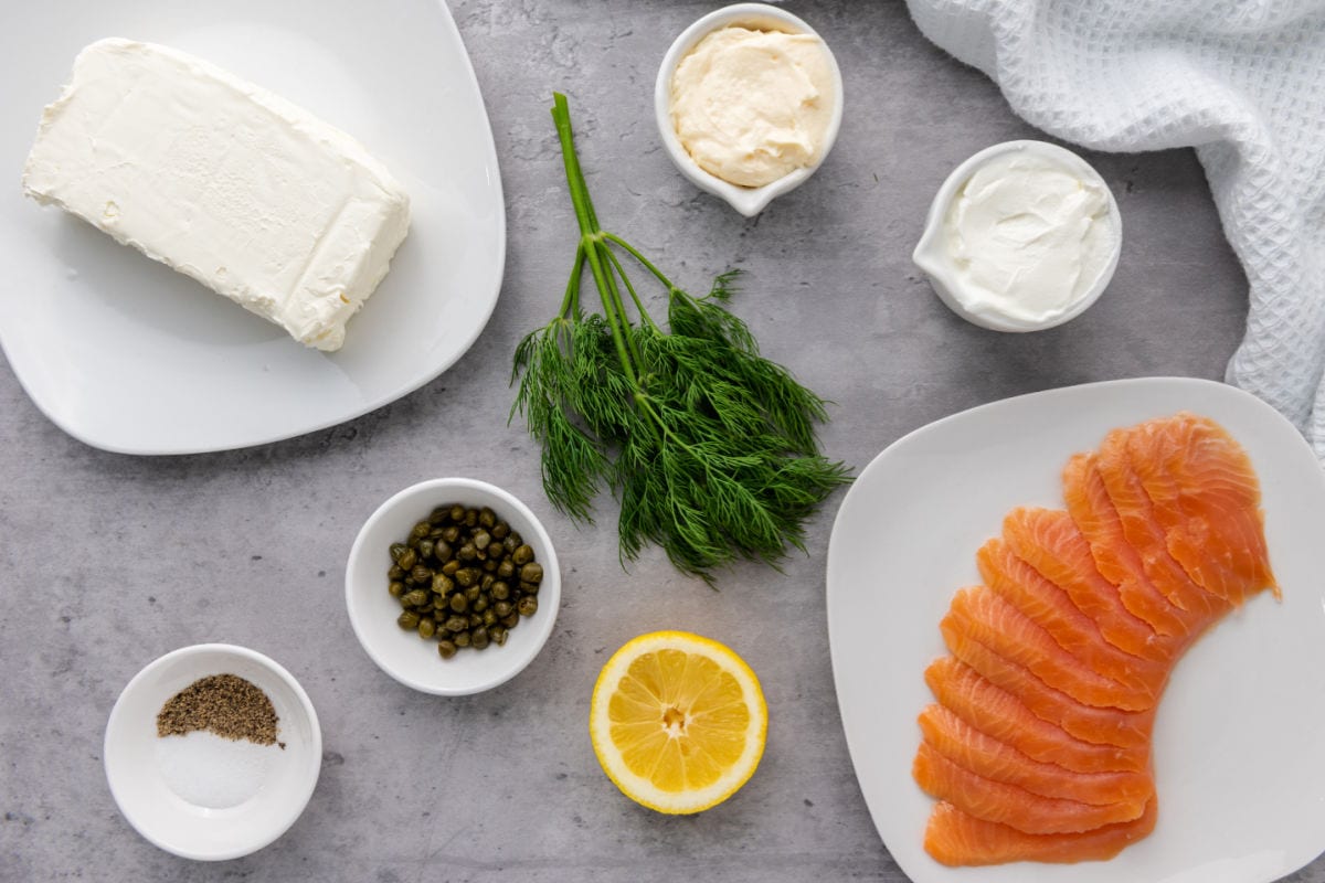 Cream cheese, mayo, sour cream, smoked salmon, lemon, dill, capers, salt and pepper.