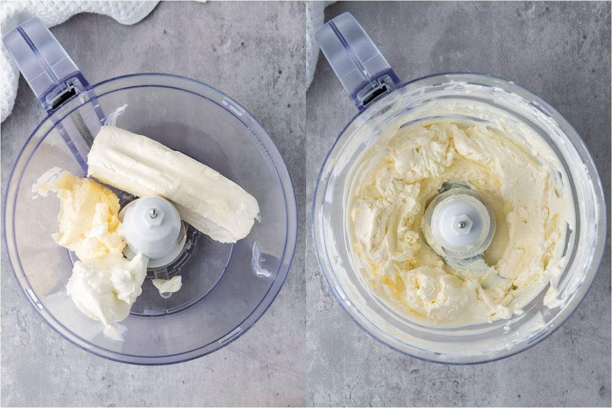 Food processor with cream cheese, mayonnaise and sour cream before and after blending.