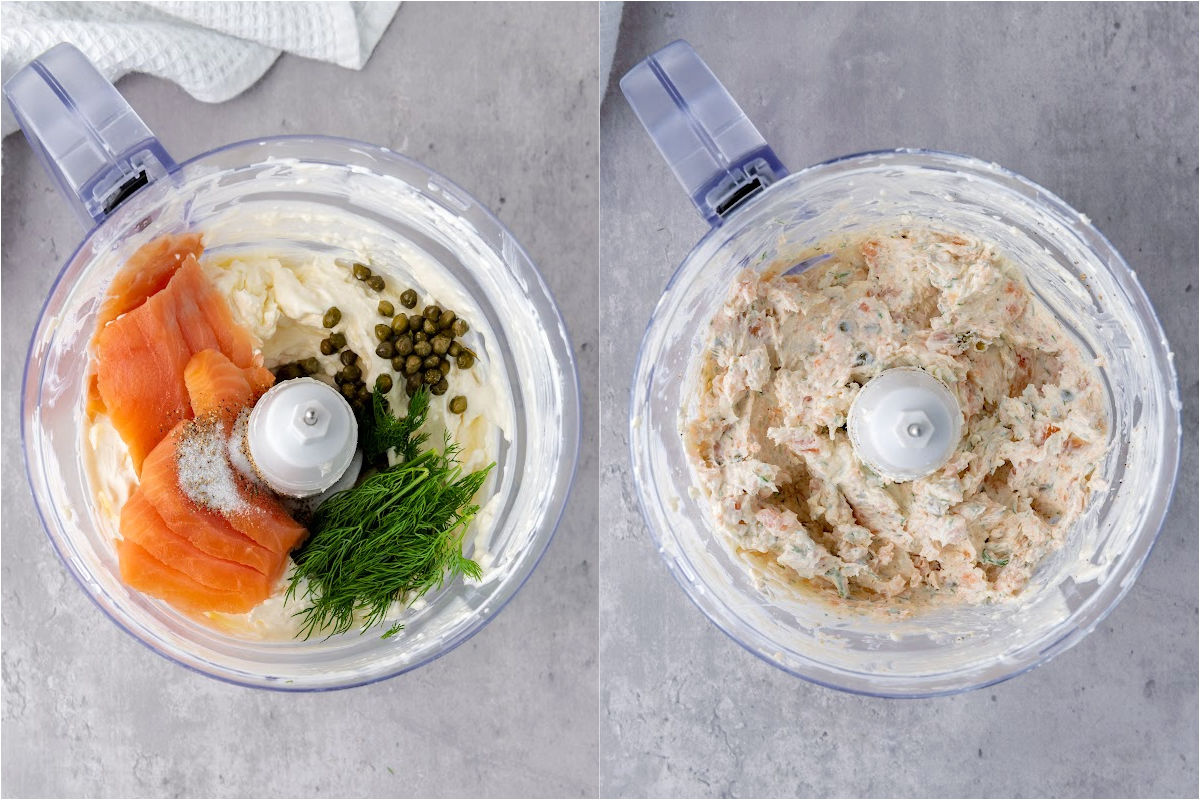 Food processor work bowl showing dip ingredients before and after mixing.